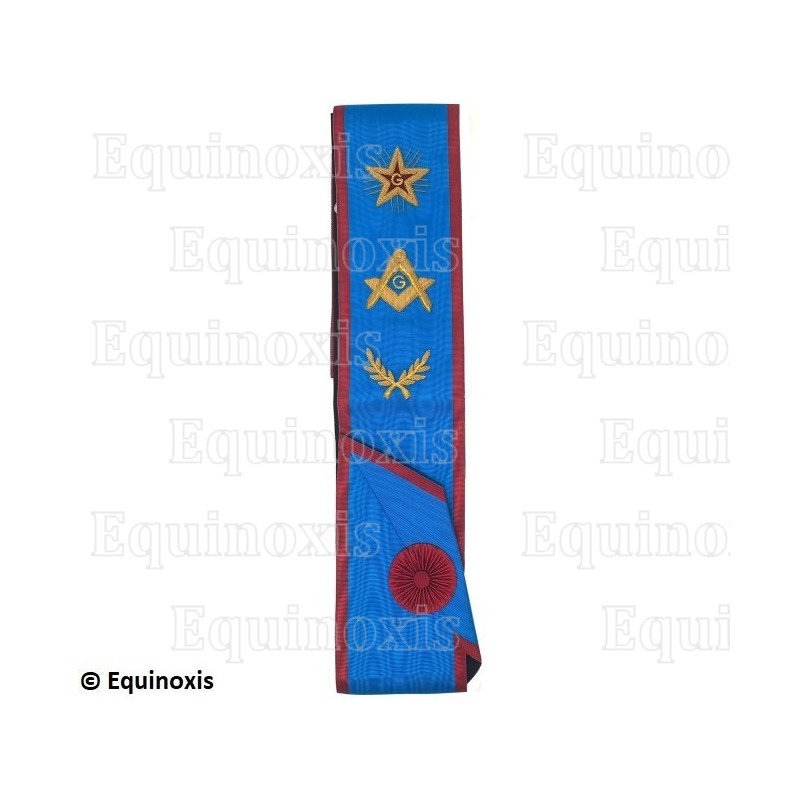 Cordon maçonnique moiré – REAA – Maître – Equerre et compas + G + Etoile flamboyante – Brodé main
