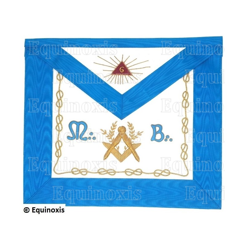 Tablier maçonnique en cuir – Rite Français Groussier – Vénérable Maître – Equerre et compas + Acacia + MB  – 33 x 39 cm