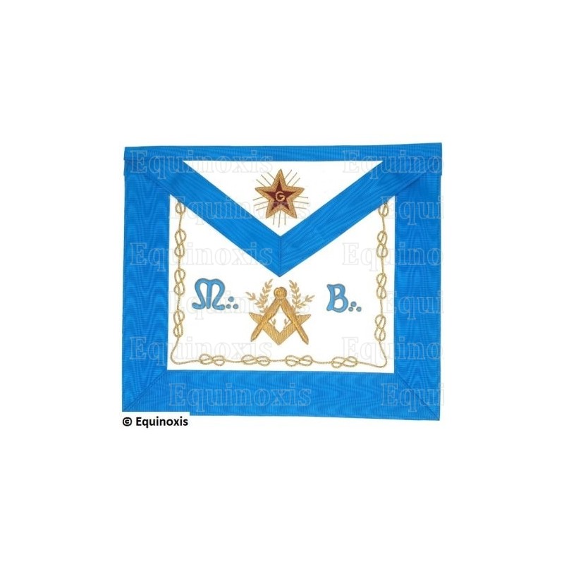 Tablier maçonnique en cuir – Rite Français Groussier – Maître – Equerre et compas + Acacia + MB