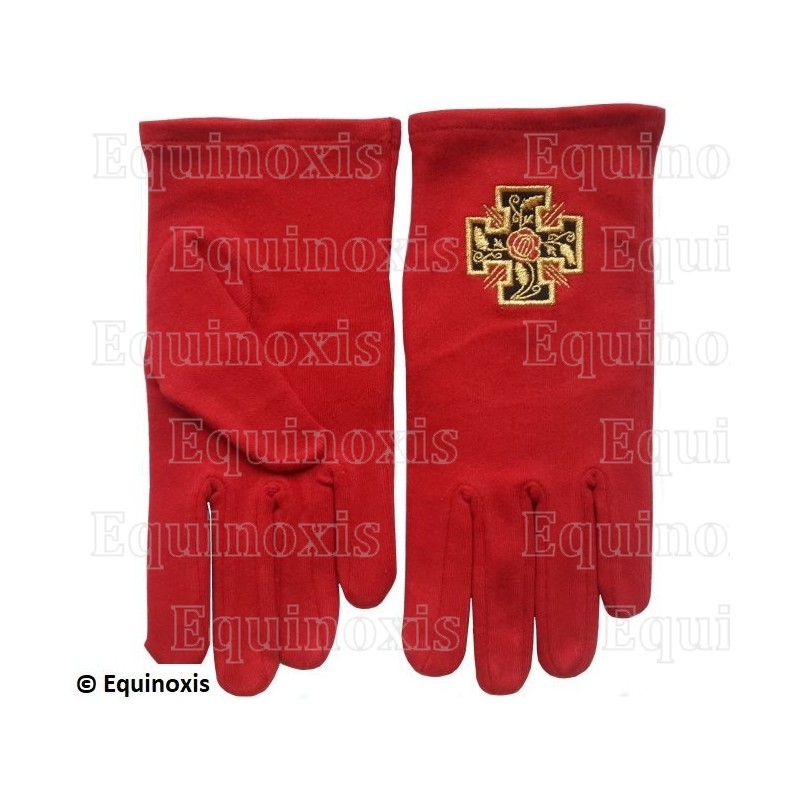 Gants maçonniques coton brodés rouges – REAA – 18ème degré – Croix potencée – Taille L