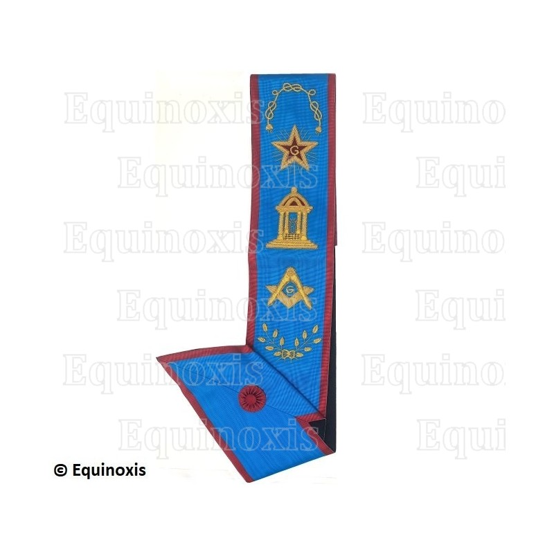 Cordon maçonnique moiré – REAA – Maître – Houppe dentelée + Etoile flamboyante + Temple – Equerre et compas – Brodé main