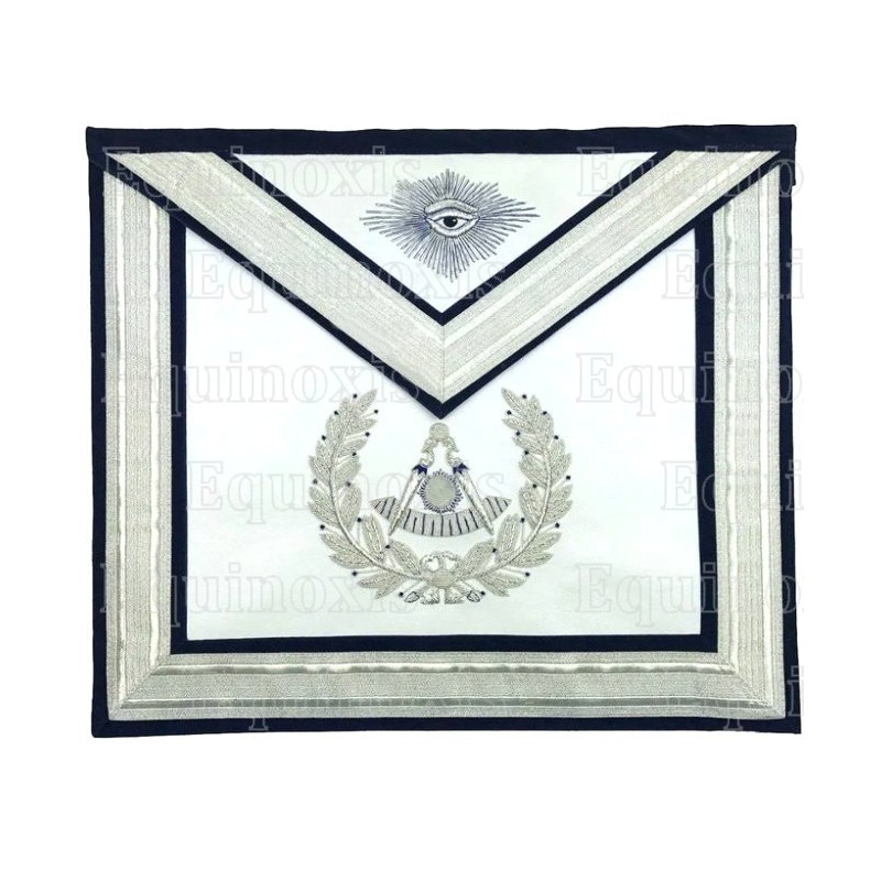 Tablier maçonnique en cuir – Rite York – Passé Maître – Ruban argenté et oeil avec gloire – Brodé main
