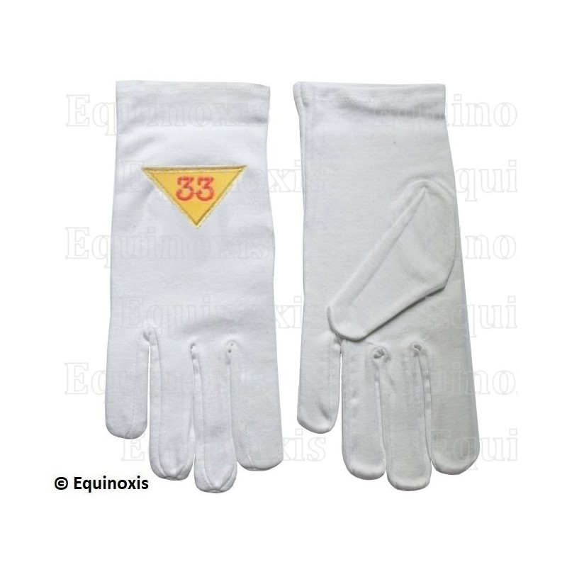 Gants maçonniques coton brodés – REAA – 33ème degré – Triangle vers le bas – Taille L